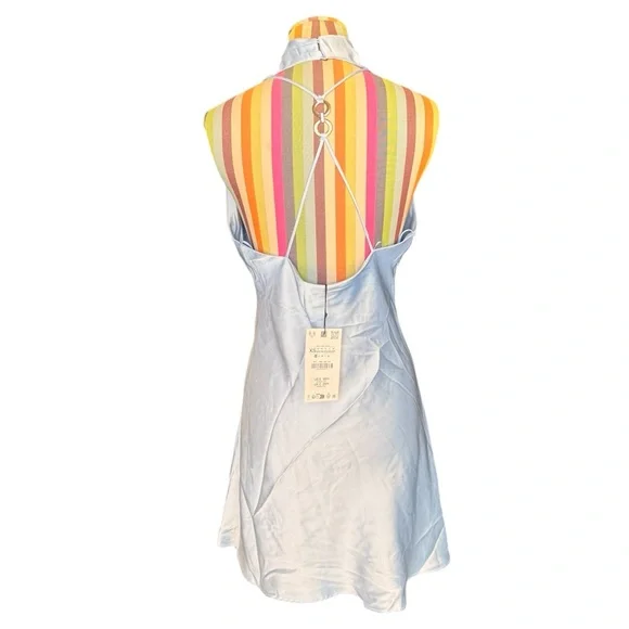 Zara Light Blue Satin Halter Mini Dress A014 - Picture 5 of 7
